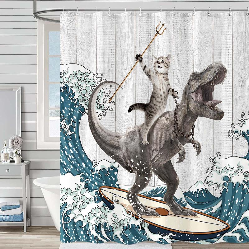 Funny Dinosaur Shower Curtain Brave Cat Shower Curtain Waves Ocean Decor Fabric Shower Curtain Set with 12 Hooks