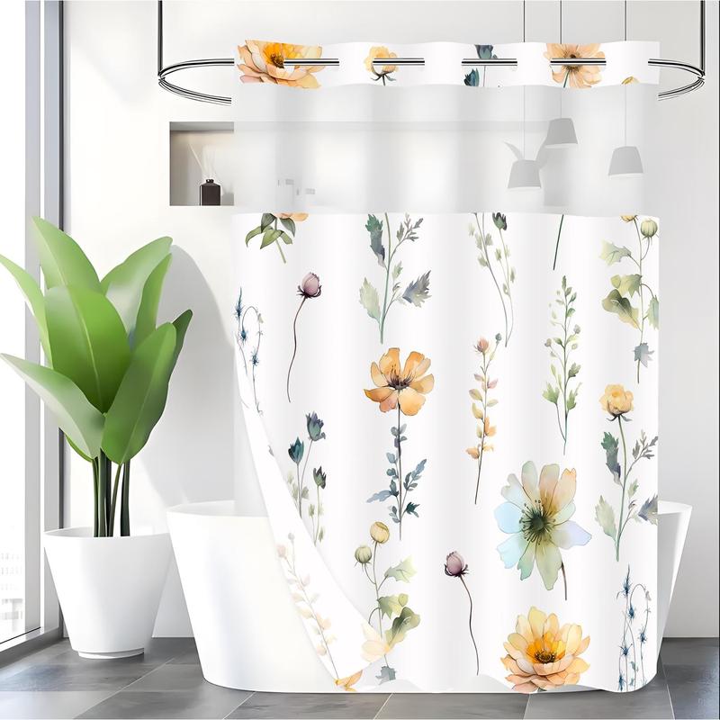 Floral Print Shower Curtain, 1 Count Waterproof Shower Curtain with Hooks, Bathroom Curtain, Bathroom Supplies for Home Use