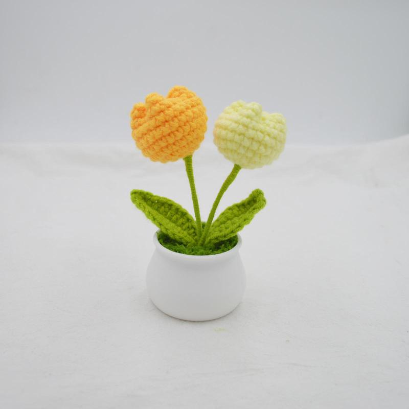 Crochet Tulip Flower Potted Plant Ornament, 1 Count Handmade Knitted Tulip Flower Ornament, Decorative Flower for Home & Car, Home Decor