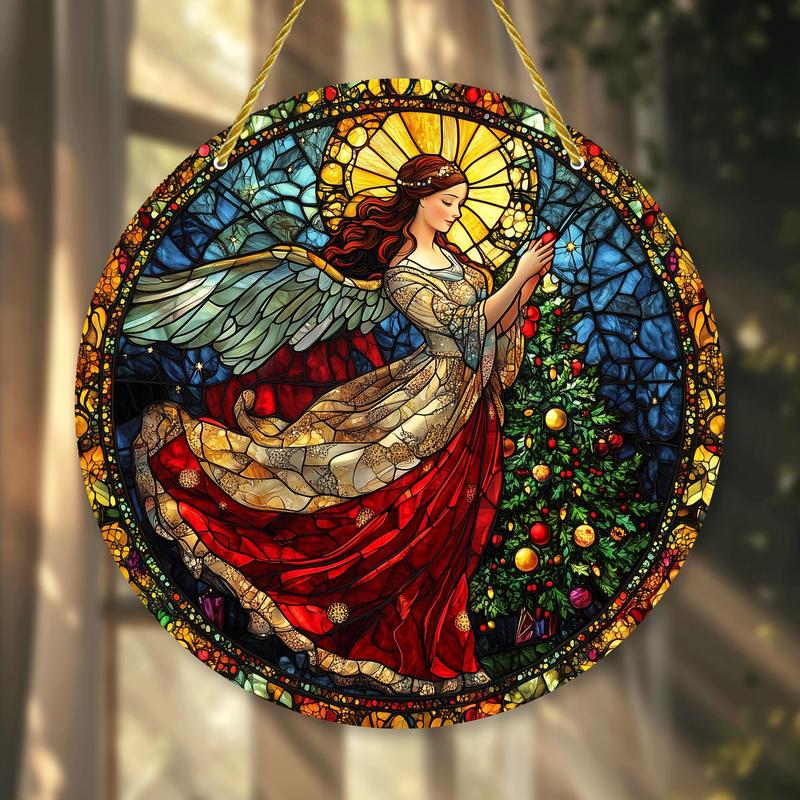 Angel Design Hanging Decoration, 1 Count Round Hanging Sun Catcher, Birthday Christmas Holiday Decor for Home Living Room Bedroom