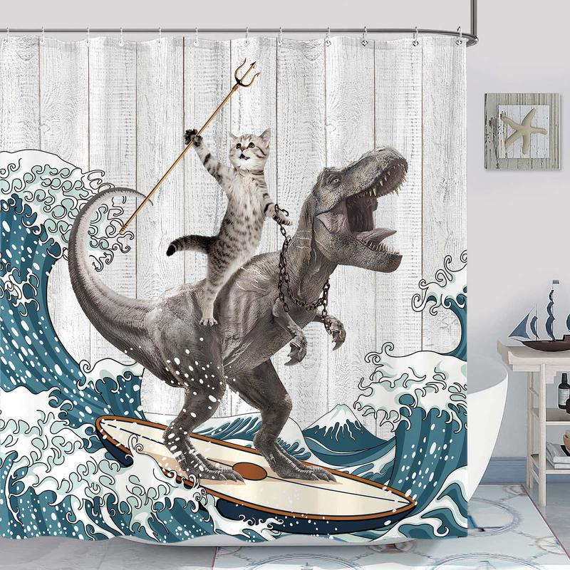 Funny Dinosaur Shower Curtain Brave Cat Shower Curtain Waves Ocean Decor Fabric Shower Curtain Set with 12 Hooks