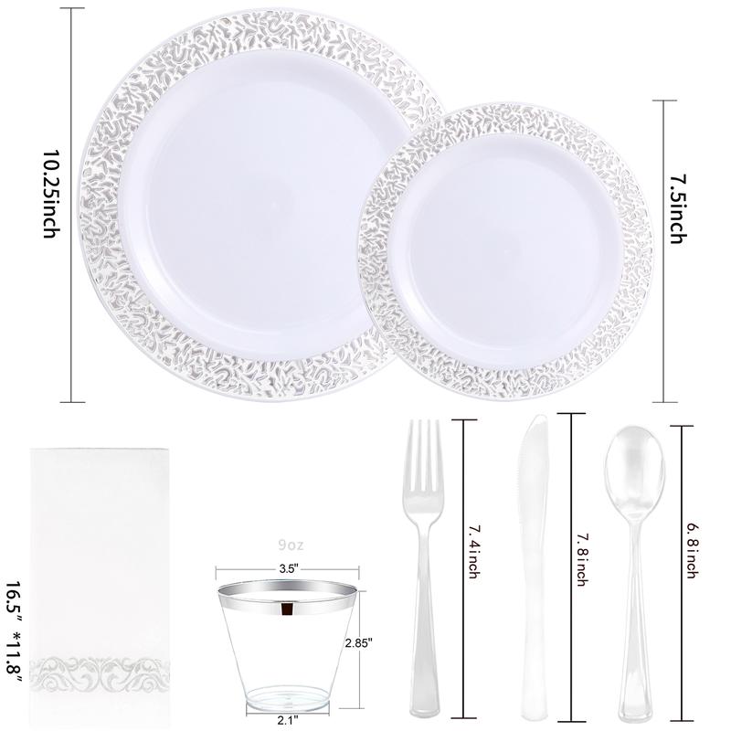 Wellife 350 700pcs Silver Gold Rose Gold Party Plates for 50 Guests, Silver Wedding Plates Disposable Heavy Duty, Including :50 Dinner Plates, 50 Dessert Plates, 50 Cups, 50 Napkins, 50 Sliver Silverware Set