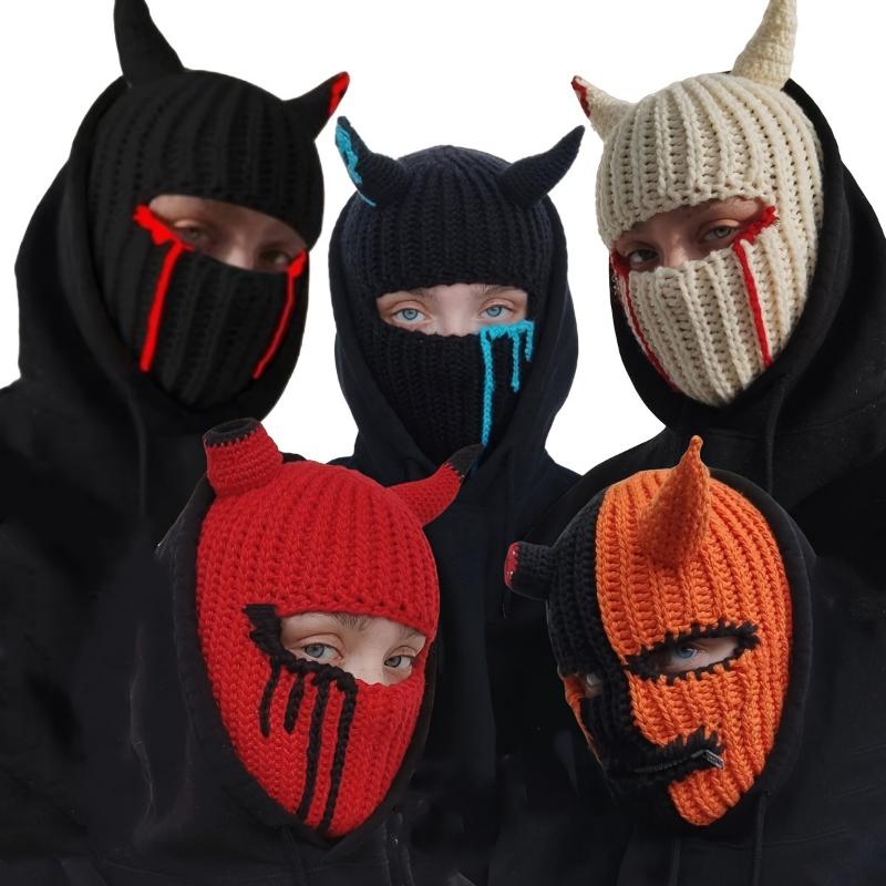 1pc Knitted Funny Unisex Devil Horn Mask, Cool Creative Headgear for Festival Party, Autumn and Winter Handmade Hip-hop Warm Hat