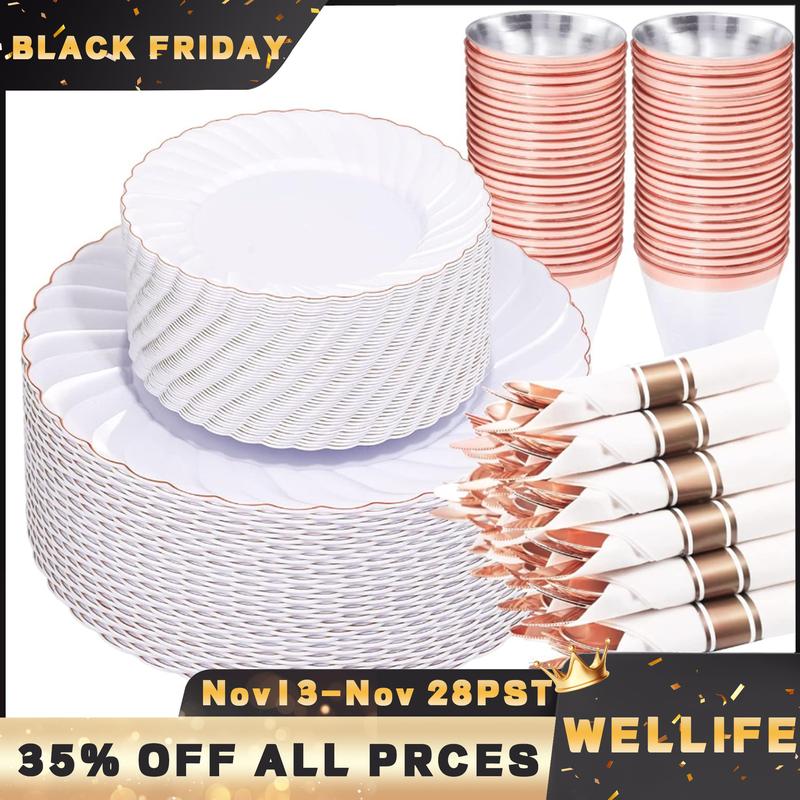 Wellife 350PCS Rose Gold Gold Plastic Plates-Disposable White and Rose Gold Plates include 100Plates,50 Pack Pre Rolled Napkins with Rose Gold Plastic Silverware and 50Cups Perfect for Wedding Parties