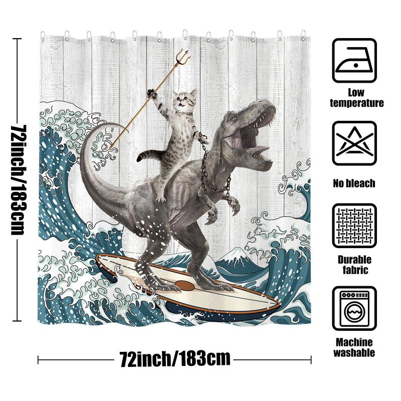 Funny Dinosaur Shower Curtain Brave Cat Shower Curtain Waves Ocean Decor Fabric Shower Curtain Set with 12 Hooks