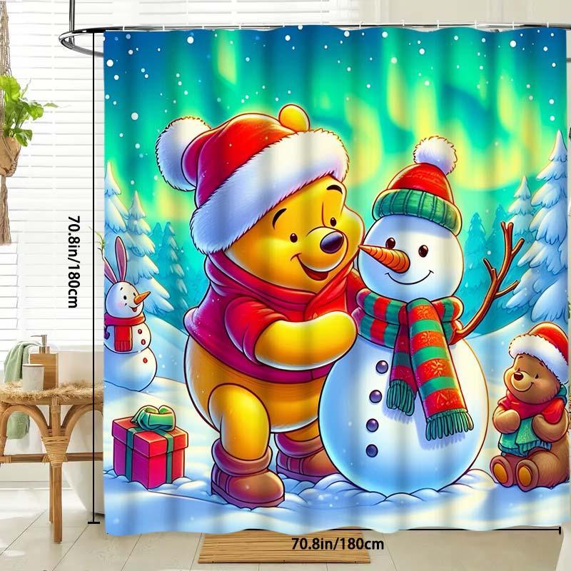 Winnie The Pooh & Snowman Pattern Shower Curtain, 1 Count Waterproof Bathroom Curtain with Hooks, Bathroom Decor Supplies for Home Hotel Salon