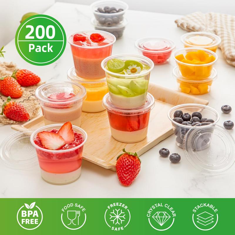 200-Pack Clear Disposable Plastic Portion Cups with Lids - Jelly Cups, Dipping Sauce and Condiment Cups,Salad Dressing Containers for Jam, Sauces.