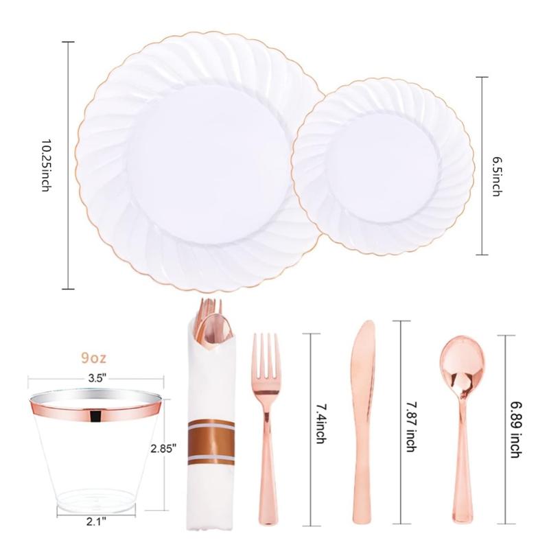 Wellife 350PCS Rose Gold Gold Plastic Plates-Disposable White and Rose Gold Plates include 100Plates,50 Pack Pre Rolled Napkins with Rose Gold Plastic Silverware and 50Cups Perfect for Wedding Parties