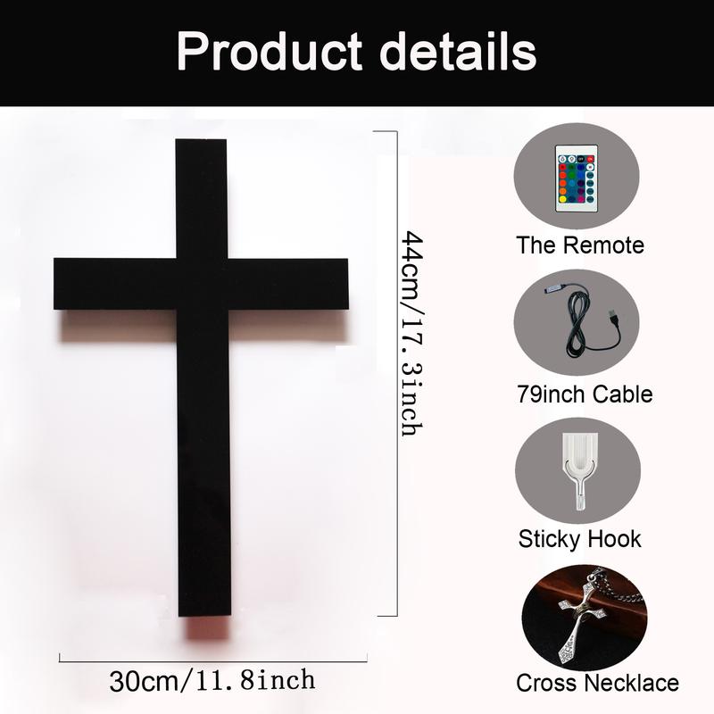 Cross for Wall Decor with Cross Necklace Chain Christianity Christian Gifts Jesus Stuff Crucifix Signs Aesthetic Rustic Home Bedroom Room Decor 16 Colors Remote for Party Catholic Decoration Christianity