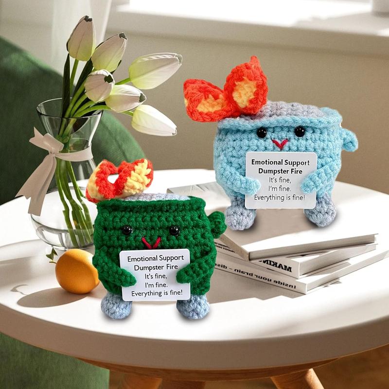 7 pcs a pack Emotional Support Crochet Dumpster Fire with Positive Card Cute Room Decor,Christmas Gift For Friends,Christmas Decoration