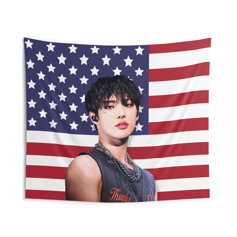 Ateez Mingi Concert America Flag, Ateez Mingi Abs Kpop Flag, Ateez Tour 2024 Merch, Gift Ideas for Atiny, Birthday Gift & Concert Merch 3x5ft Celebrity USA Flag Tapestry for Wall hanging, College Dorm, Living Room, Bed Room, Home Decor