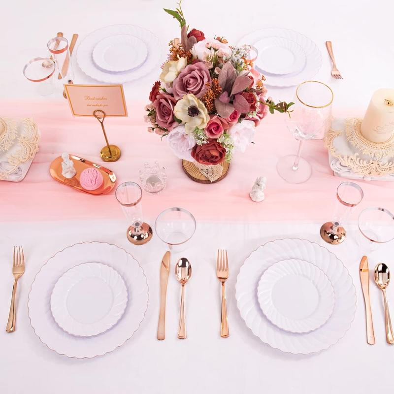 Wellife 350PCS Rose Gold Gold Plastic Plates-Disposable White and Rose Gold Plates include 100Plates,50 Pack Pre Rolled Napkins with Rose Gold Plastic Silverware and 50Cups Perfect for Wedding Parties