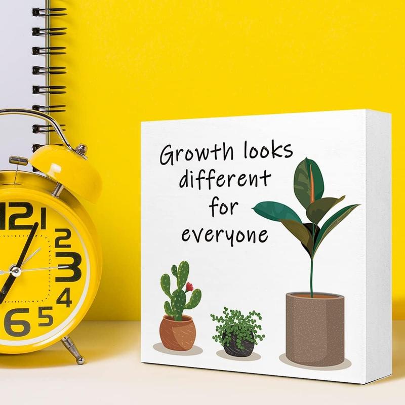 Plant Pattern Wooden Block Sign, 1 Count Plant & Motivational Wooden Sign, Desktop Ornament for Home Office, Inspirational Gift for Coworker Friend