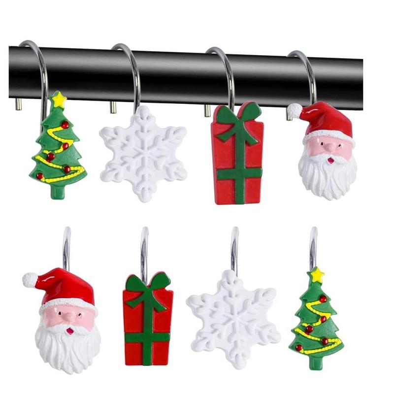 Christmas Themed Shower Curtain Hook, 12pcs set Cute Santa Claus & Snowflake & Gift Box Design Shower Curtain Hook, Bathroom Accessories for Home Salon Dormitory Hotel