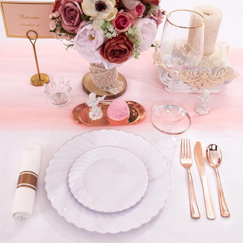 Wellife 350PCS Rose Gold Gold Plastic Plates-Disposable White and Rose Gold Plates include 100Plates,50 Pack Pre Rolled Napkins with Rose Gold Plastic Silverware and 50Cups Perfect for Wedding Parties