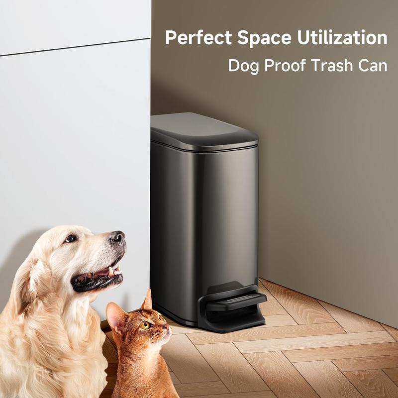 Slim Bathroom Trash Can with Lid Soft Close, 6 Liter   1.6 Gallon Stainless Steel Garbage Can with Removable Inner Bucket, Step Pedal, Small Trash Cans for Bedroom, Office, Kitchen