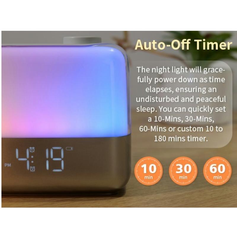 Sunrise alarm clock with 8-color nightlight, dual alarms, 9-min snooze, 6 sounds, 7 volume levels，perfect for any room décor Rechargeable