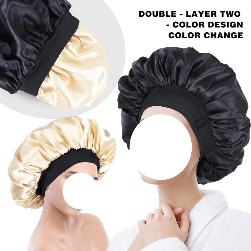 Silk Bonnet for Sleeping Double Layer Satin Bonnet Adjustable Bonnets for Black Women Sleep Cap Reversible Hair Bonnet for Curly Hair (Black) Shower