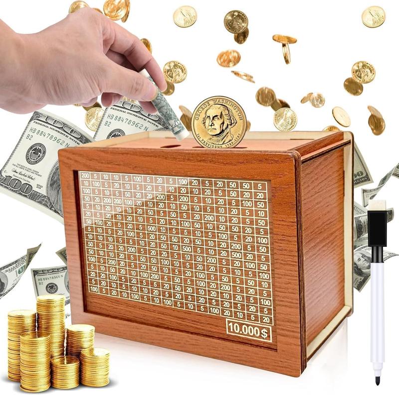 Wooden Money Box Money Bank, Countdown Money Saving Box with 10000 Dollars Target, Money Box with Money Target and Numbers to Check for Boys Girls (10000 USD) Decor Piggy Ornaments