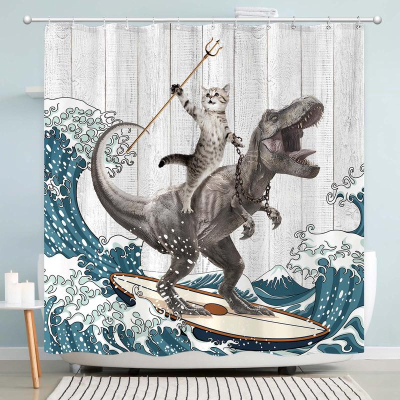 Funny Dinosaur Shower Curtain Brave Cat Shower Curtain Waves Ocean Decor Fabric Shower Curtain Set with 12 Hooks