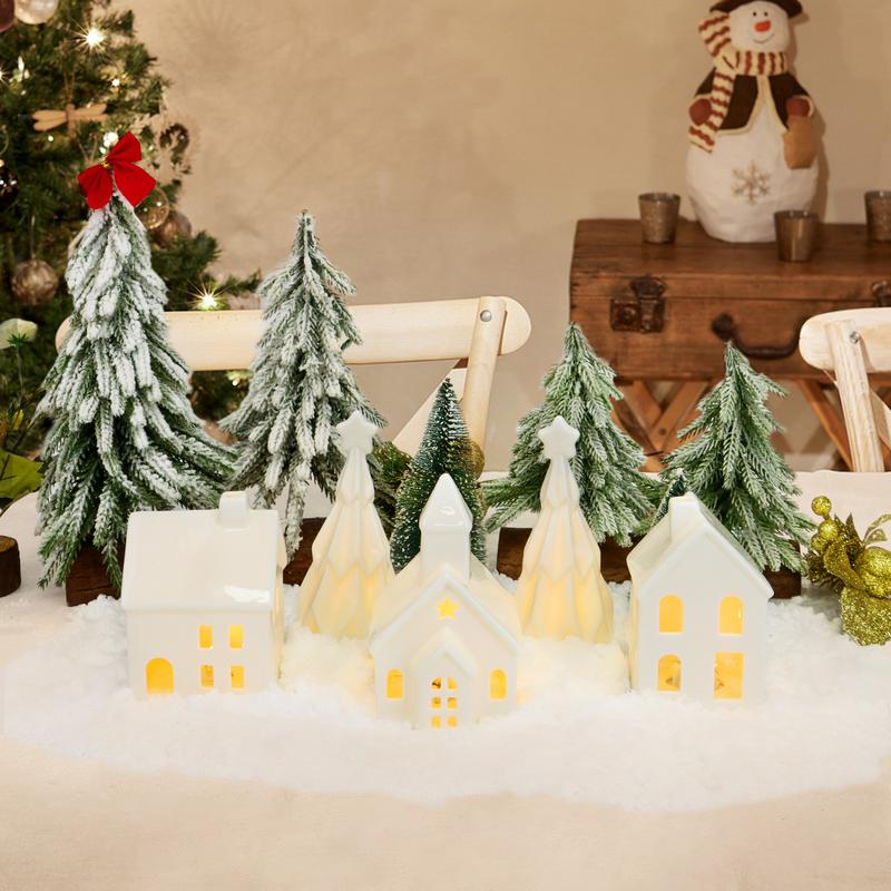 5 pcs Ceramic Christmas Village Set - Includes 3 Illuminated Houses & 2 Trees with Battery Powered LED Lights - Festive Holiday Decor for Christmas, Thanksgiving & Hanukkah - Gift-Ready Centerpiece Decoration