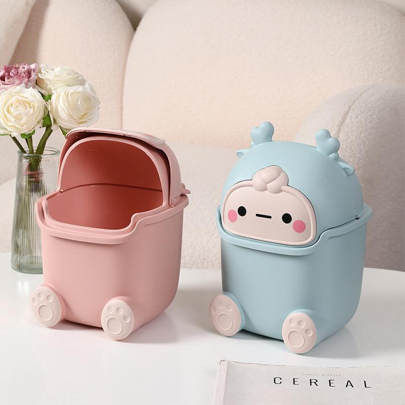 Cute Cartoon Design Desktop Trash Can, 1 Count Mini Trash Can with Lid, Waste Basket for Home, Office, Kitchen, Bedroom, Bathroom