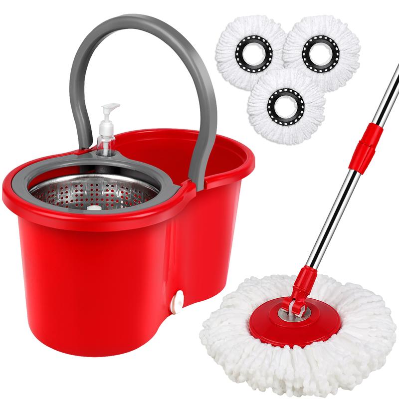 Spin Mop and Bucket Set with Wringer and 3 Microfiber Refills - 61'' Adjustable Stainless Steel Handle - Household Cleaning  Plastic Tools