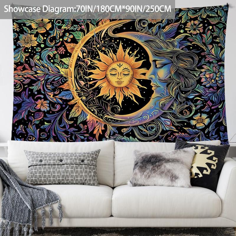 Sun & Moon Pattern Tapestry, 1 Count Mysterious Flower Hanging Carpet, Home Decor for Bedroom, Living Room, Dormitory Wall