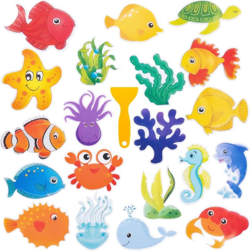 Bathtub Non-Slip Stickers for Shower - 20 PCS Large Anti-Slip Cute Sea Creature Stickers with Scraper for Kids Bath Tub and Slippery Shower Floor, Perfect Bathroom Decor