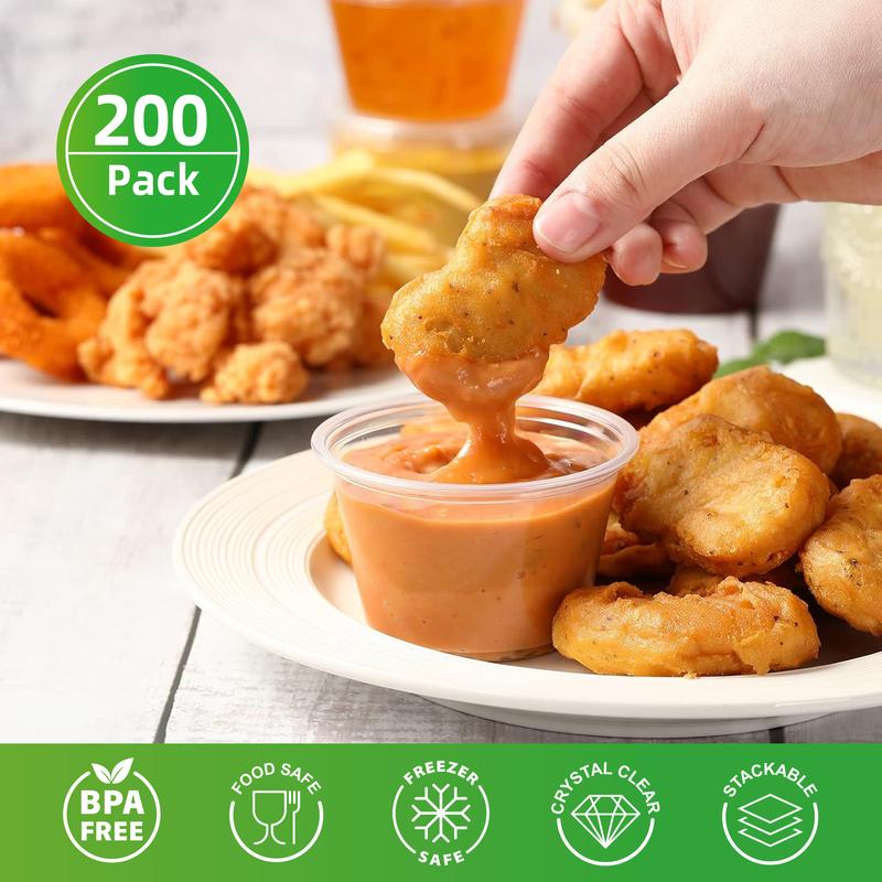 200-Pack Clear Disposable Plastic Portion Cups with Lids - Jelly Cups, Dipping Sauce and Condiment Cups,Salad Dressing Containers for Jam, Sauces.