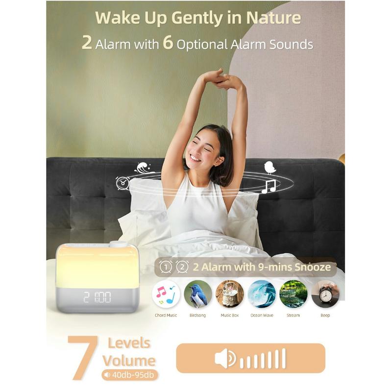 Sunrise alarm clock with 8-color nightlight, dual alarms, 9-min snooze, 6 sounds, 7 volume levels，perfect for any room décor Rechargeable