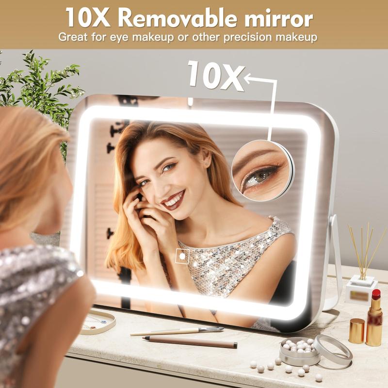 LED Makeup Mirror, 3 Modes Light Smart Touch Control Dimmable Mirror, USB Powered 360° Rotation Mirror with 10X Magnifying Glass for Bedroom, Living Room