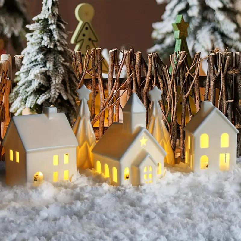 5 pcs Ceramic Christmas Village Set - Includes 3 Illuminated Houses & 2 Trees with Battery Powered LED Lights - Festive Holiday Decor for Christmas, Thanksgiving & Hanukkah - Gift-Ready Centerpiece Decoration