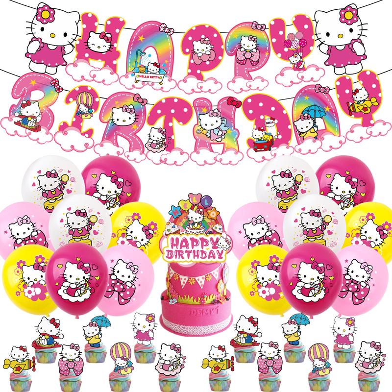 Hello kitty theme birthday party supplies KT cat flag banner balloon cake insertion decoration set