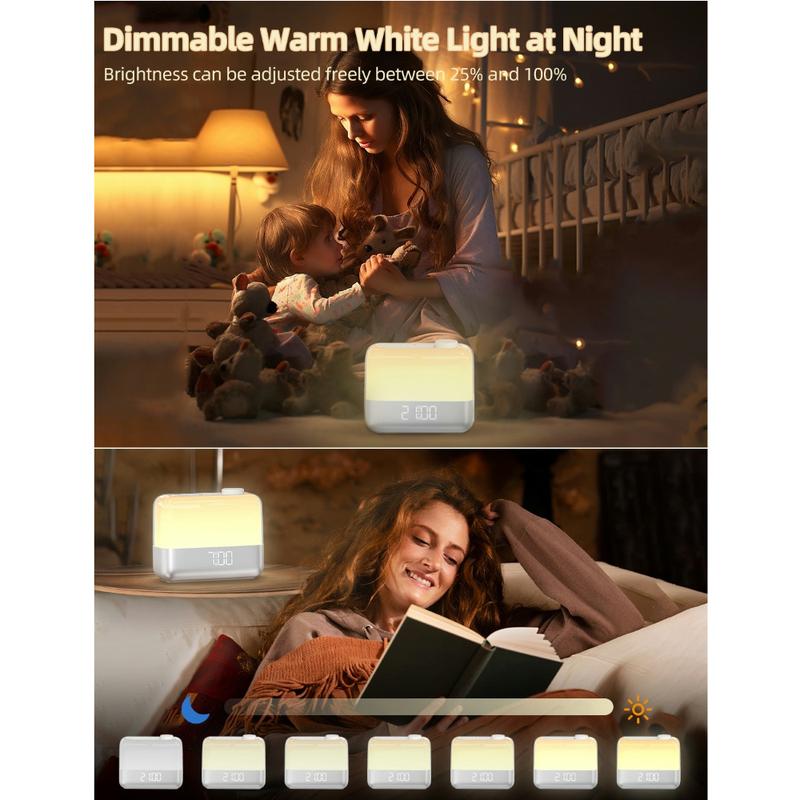 Sunrise alarm clock with 8-color nightlight, dual alarms, 9-min snooze, 6 sounds, 7 volume levels，perfect for any room décor Rechargeable