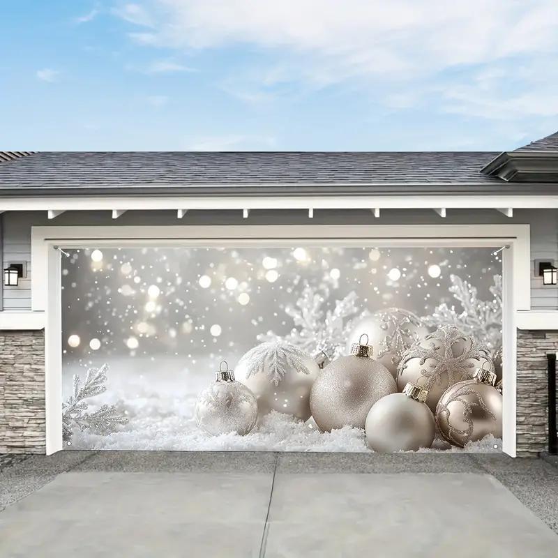 Christmas Themed Garage Door Cover,  Snowflake & Christmas Ball Pattern Garage Door Banner, Festive & Party Supplies for Home & Warehouse