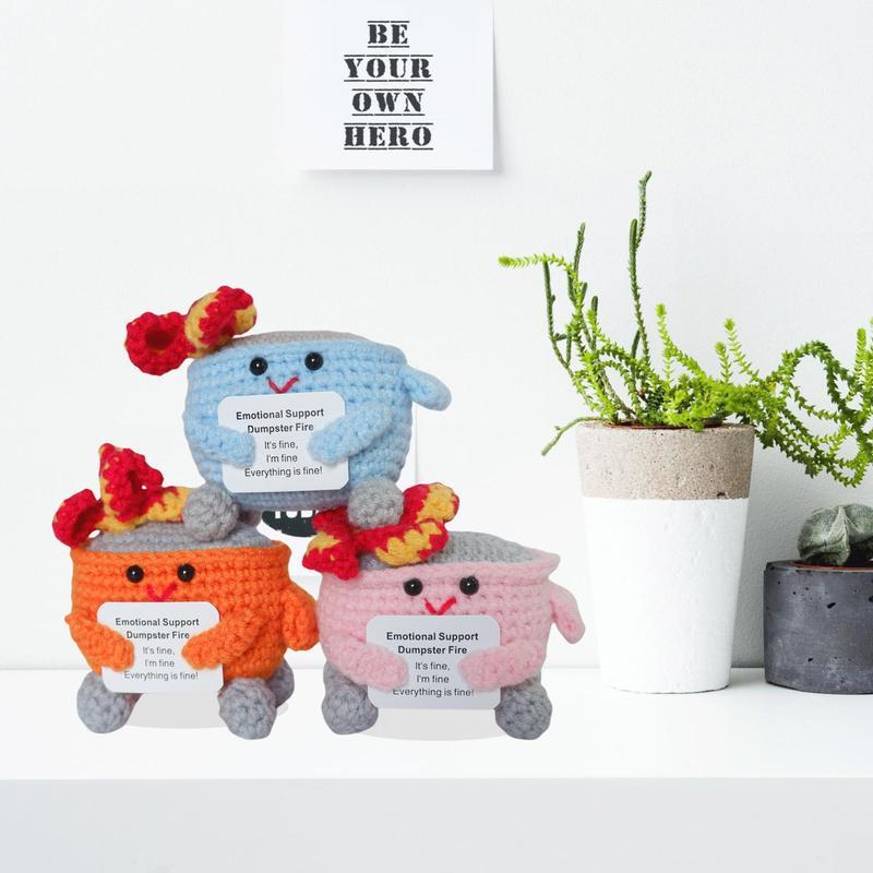 7 pcs a pack Emotional Support Crochet Dumpster Fire with Positive Card Cute Room Decor,Christmas Gift For Friends,Christmas Decoration