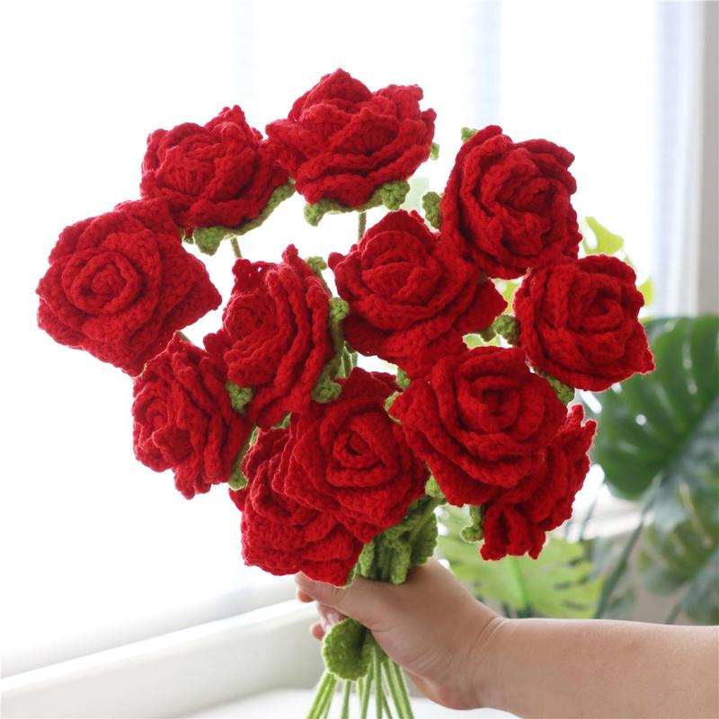 Artificial Rose Bouquet without Vase, 12pcs Handmade Woven Artificial Flower, Decorative Flower for Home Party & Wedding, Flowers Bouquet Bedroom Decor, Roses Bouquet  Flower Arrangement