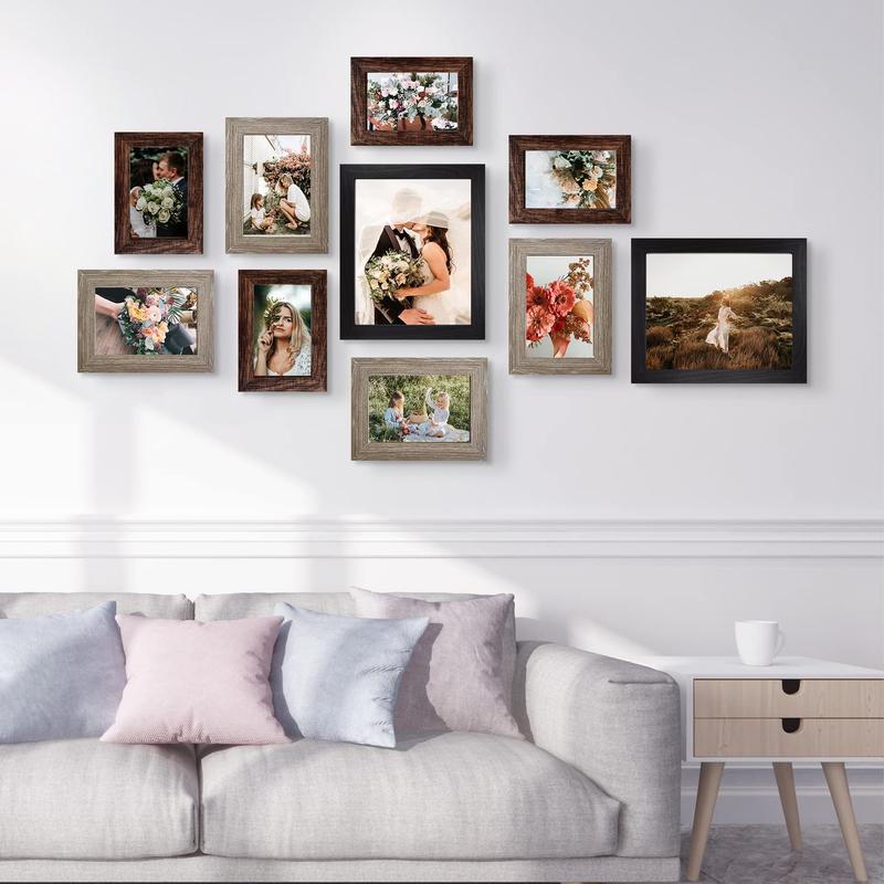 Picture Frame Set 10-Pack, Gallery Wall Frame Collage with 8x10 5x7 4x6 Frames in 3 Different Finishes Decor Photo Room Gift Wood