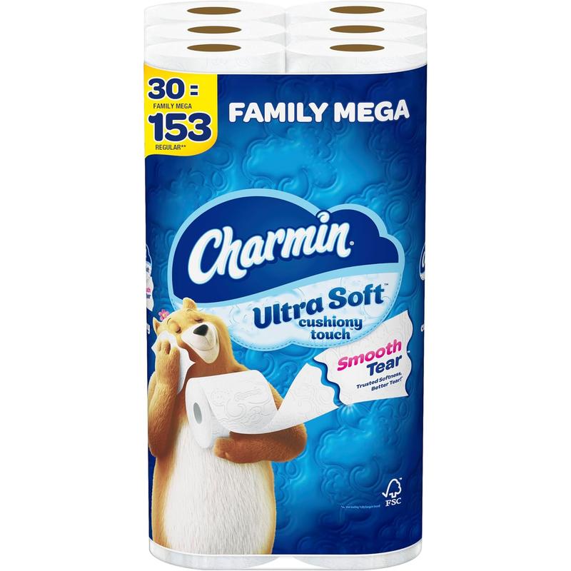 Charmin Toilet Paper Ultra Soft Cushiony Touch, 30 Family Mega Rolls = 153 Regular Rolls P&G