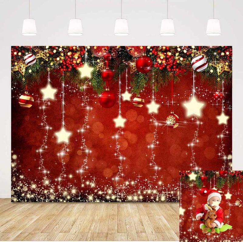 Red Christmas Theme Sparkling Photography Backdrops Snowflake Xmas Ball 5x3ft Happy New Year Family Party Decoration Photo Star Background   Portrait Photo Booth Studio Props Banner