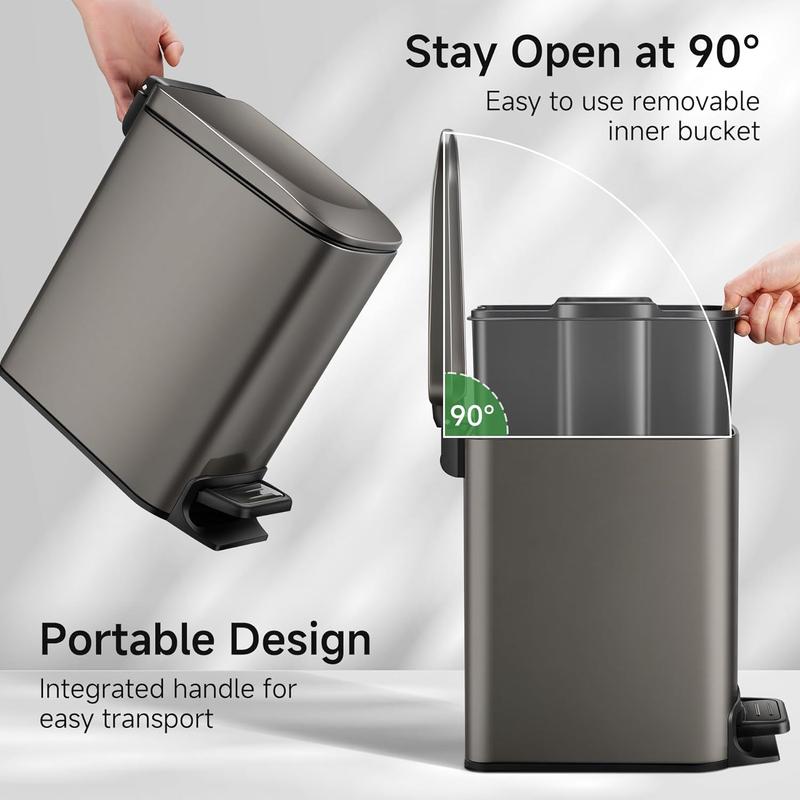 Slim Bathroom Trash Can with Lid Soft Close, 6 Liter   1.6 Gallon Stainless Steel Garbage Can with Removable Inner Bucket, Step Pedal, Small Trash Cans for Bedroom, Office, Kitchen