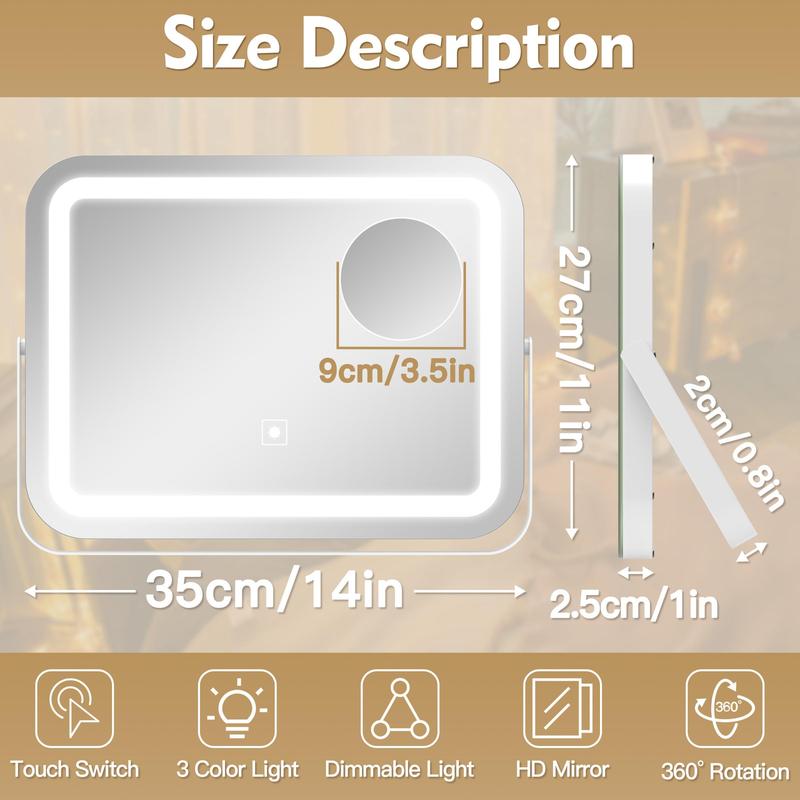 LED Makeup Mirror, 3 Modes Light Smart Touch Control Dimmable Mirror, USB Powered 360° Rotation Mirror with 10X Magnifying Glass for Bedroom, Living Room