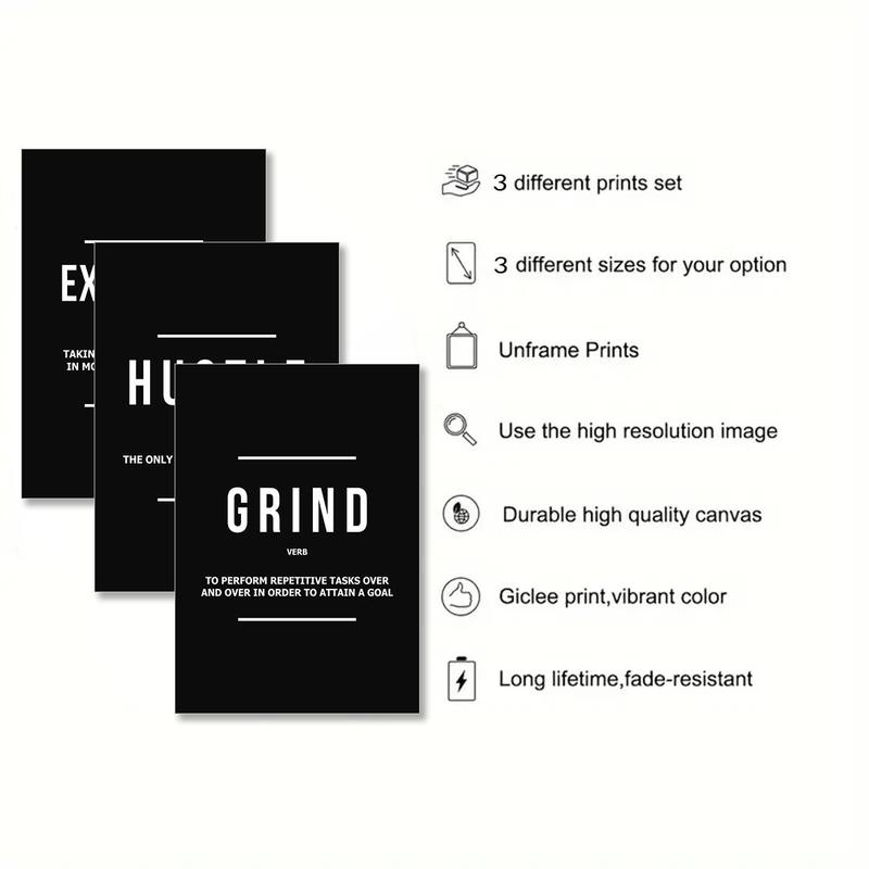 Unframed Modern Art Poster, 3 Counts set Motivational Grind Hustle Success Inspirational Quotes Canvas Wall Art, Office Decor, Entrepreneur Gifts