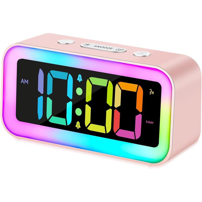 Cute Pink Loud Alarm Clock with RGB Night Light - Perfect for Girls Room Decor and Kawaii Gifts, Small Size for Bedside or Desk Lamp in Bedrooms, Ideal for , Teens (Red A) Adjustable Electronic