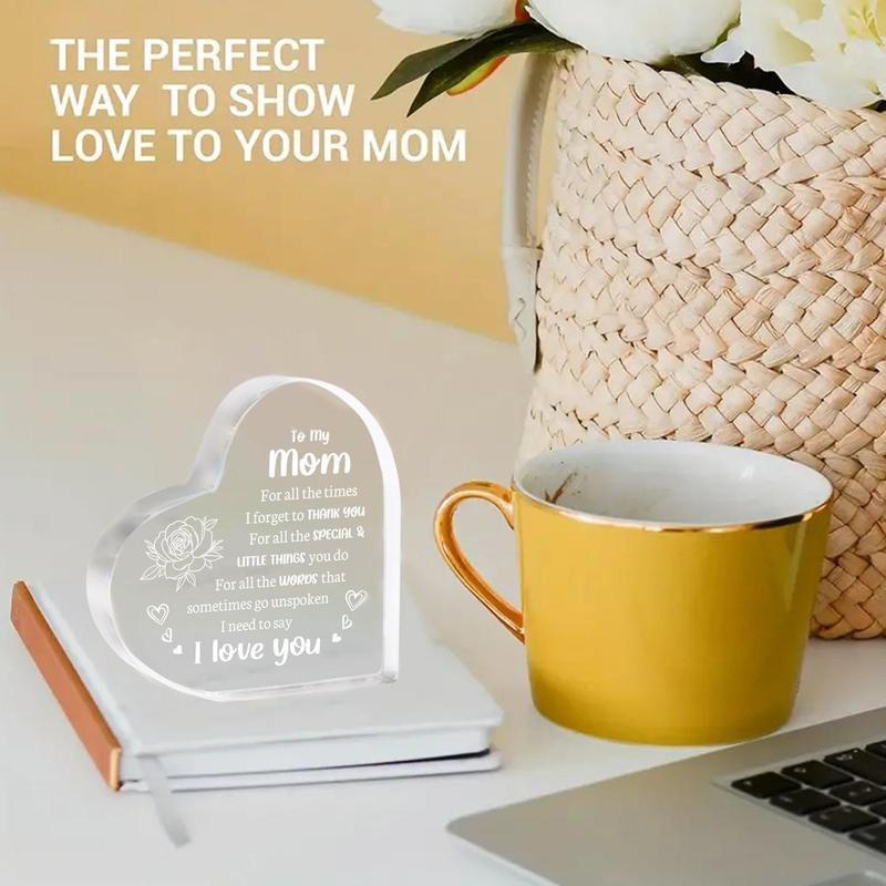 Heart Shaped Acrylic Block, Flower & Letter Pattern Decorative Ornament, Inspirational Creative Gift for Mom Room Decoration