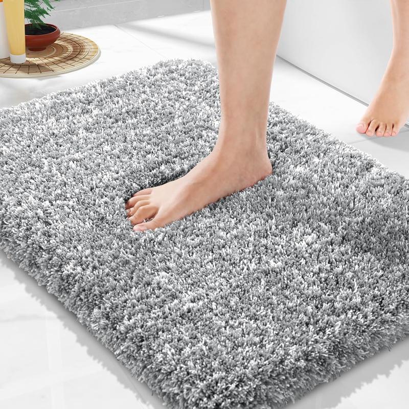 Luxury Bathroom Rugs, Fluffy Bath Mats, Non Slip, Water Absorbent Microfiber, Machine Washable, Shaggy Plush Soft Shower Rugs, Thick Matts for Bathroom Floor & Sink, Light Gray and White