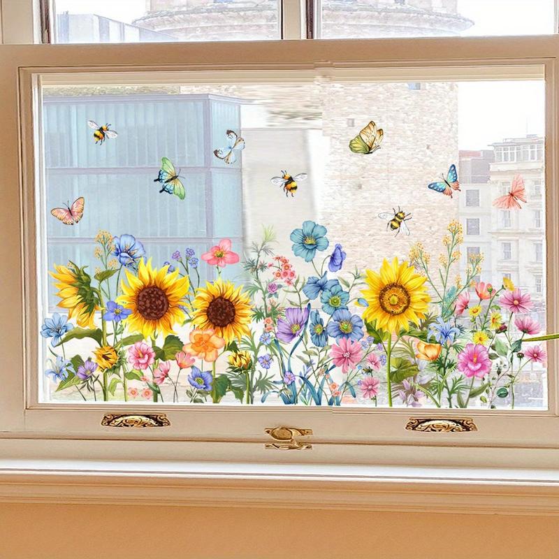 Flower Pattern Window Sticker, Removable Self-adhesive Window Decal, Sunflower Pattern Window Sticker, Home Office Window Decor