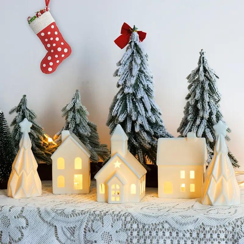 5 pcs Ceramic Christmas Village Set - Includes 3 Illuminated Houses & 2 Trees with Battery Powered LED Lights - Festive Holiday Decor for Christmas, Thanksgiving & Hanukkah - Gift-Ready Centerpiece Decoration