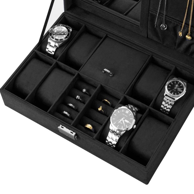 Jewelry Box Watch Box Organizer 8-Slot Storage Watch Organizer Case Jewelry Display Case Organizer with Mirror (Black)